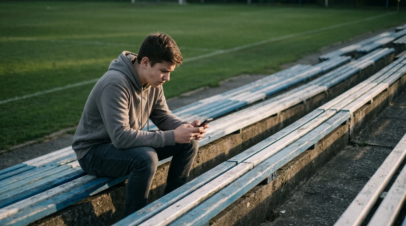 Adolescente sentado solo en una tribuna vacía de un estadio de fútbol mirando su teléfono