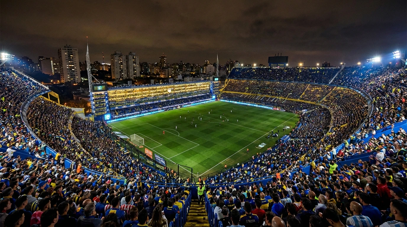Estadio de fútbol argentino lleno de hinchas durante un partido nocturno de la Liga Profesional
