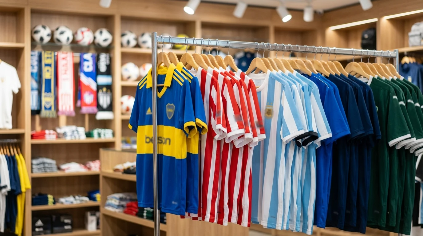 Camisetas de clubes de fútbol argentino colgadas en una tienda deportiva mostrando logos de sponsors