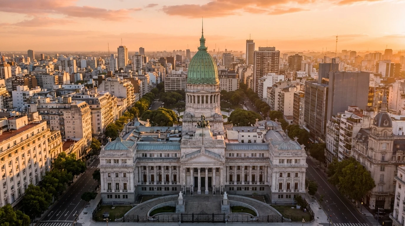 Vista aérea del Congreso Nacional de Argentina en Buenos Aires con la ciudad al fondo